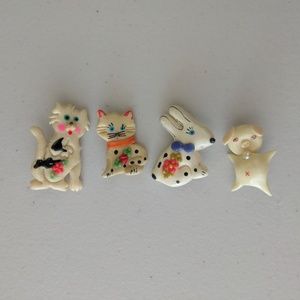 clay animal pins - pig cat dog rabbit